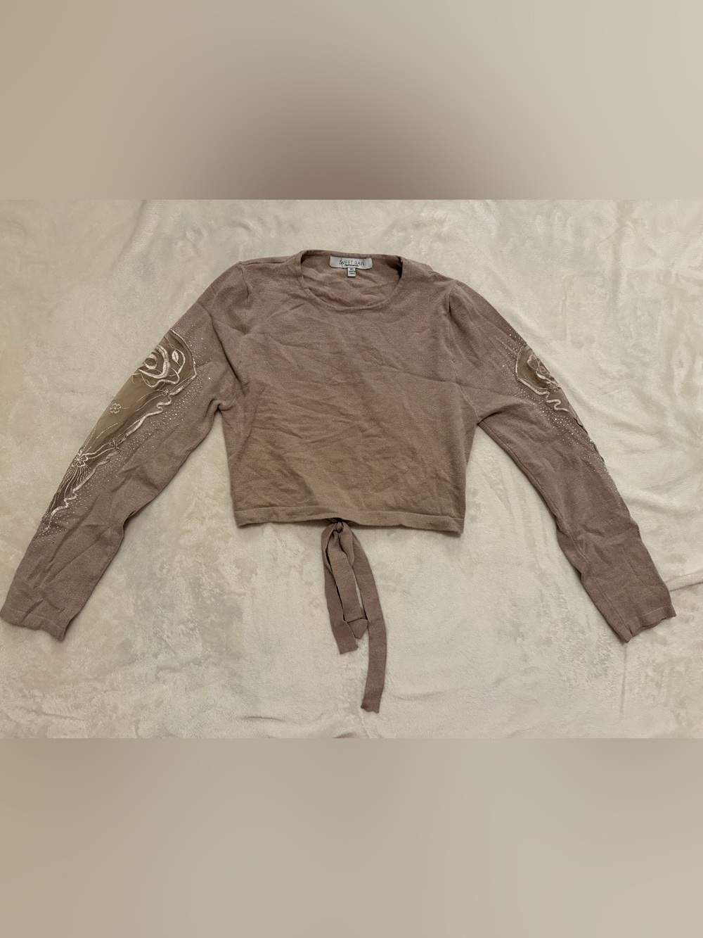 Sweet Rain Taupe Cropped Tie-Front Long Sleeve Top
